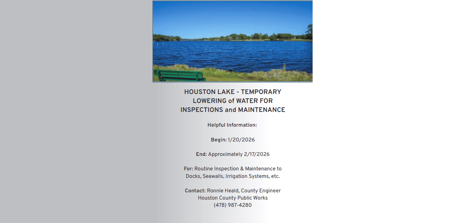 HOUSTON LAKE - TEMPORARY LOWERING of WATER FOR INSPECTIONS and MAINTENANCE